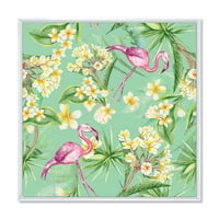 Designart 'Žuto Cvijeće, Tropsko Lišće Sa Flamingo V' Tradicionalni Uramljeni Platneni Zidni Print